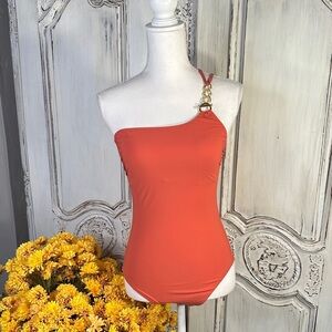 Amoressa One-Shoulder Orange One Piece Swimsuit with Gold Hardware Accents